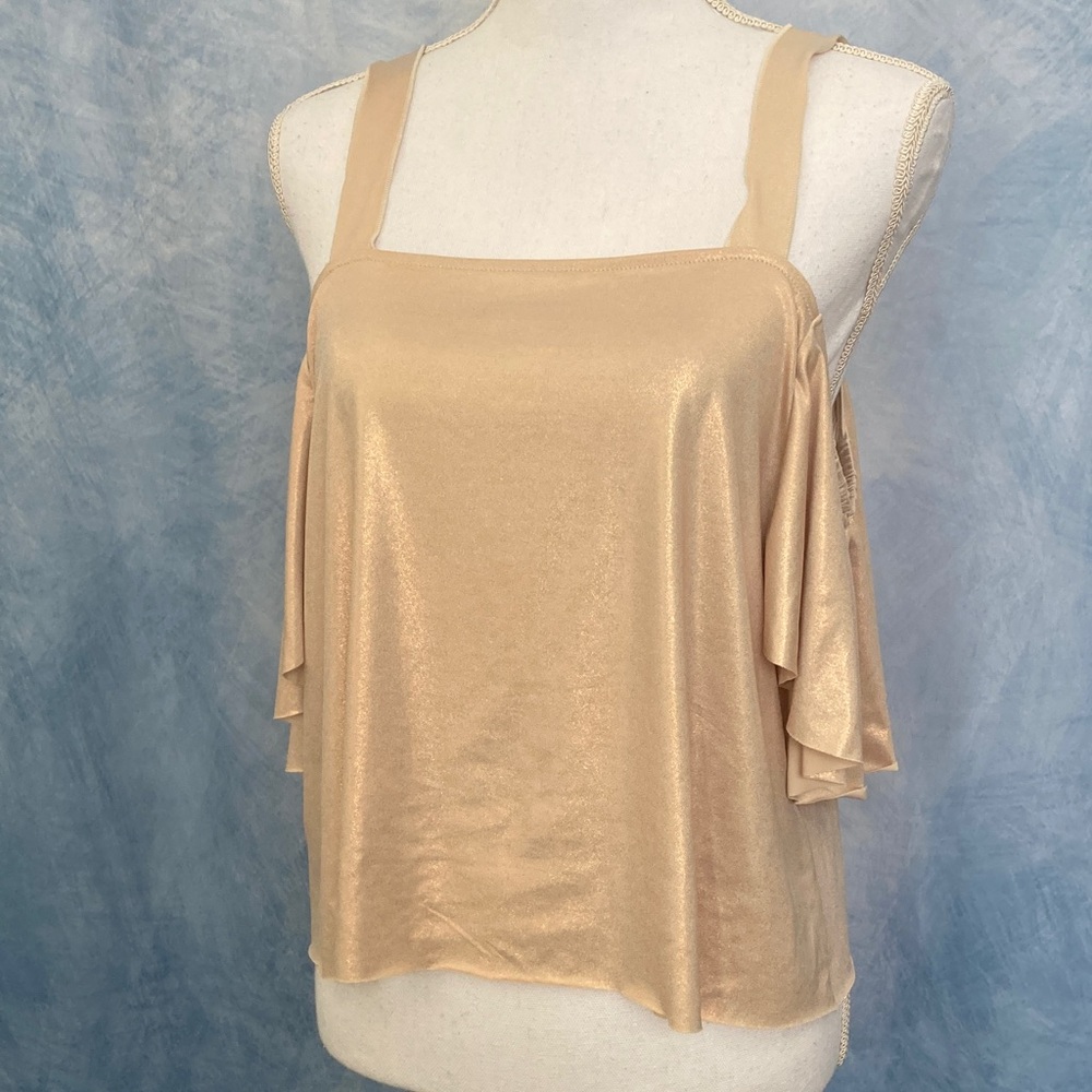 😍Best Price😍Mango Metallic Gold Cold Shoulder Blouse Flowy Unhemmed Edge Cropped